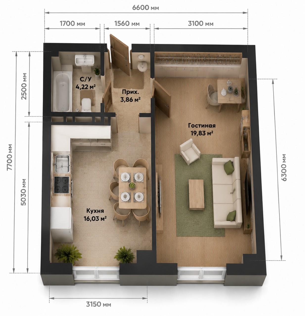Планировка 2-комнатная квартира 44 м²