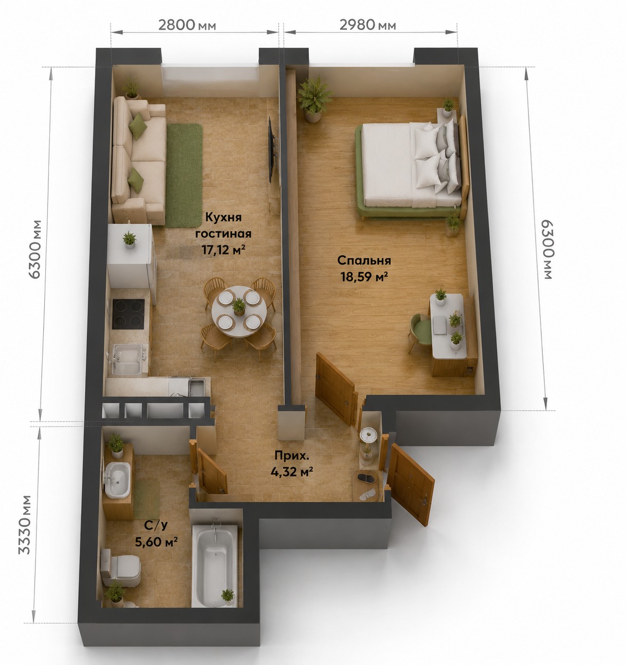 Планировка 2-комнатная квартира 46 м²