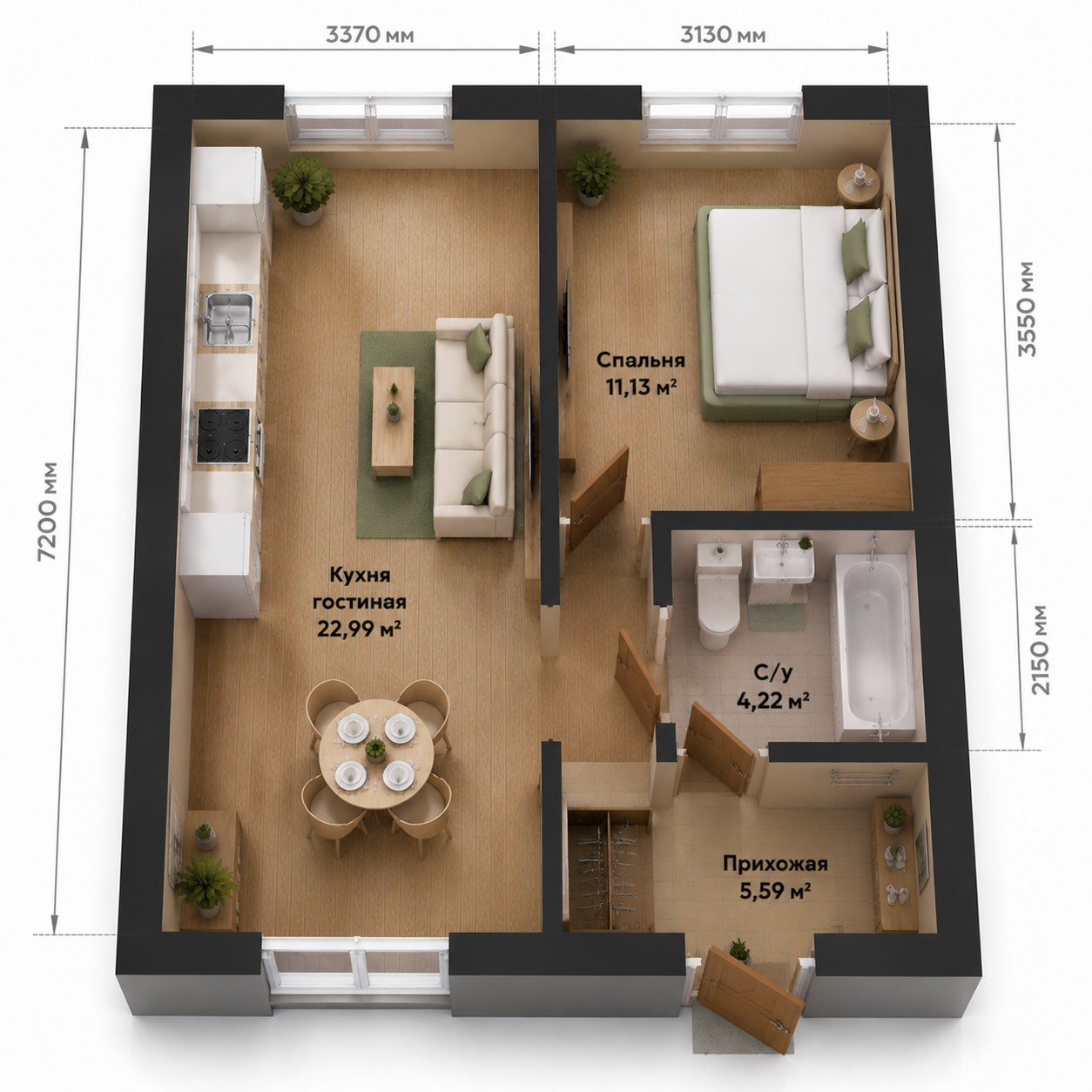 Планировка 2-комнатная квартира 47 м²