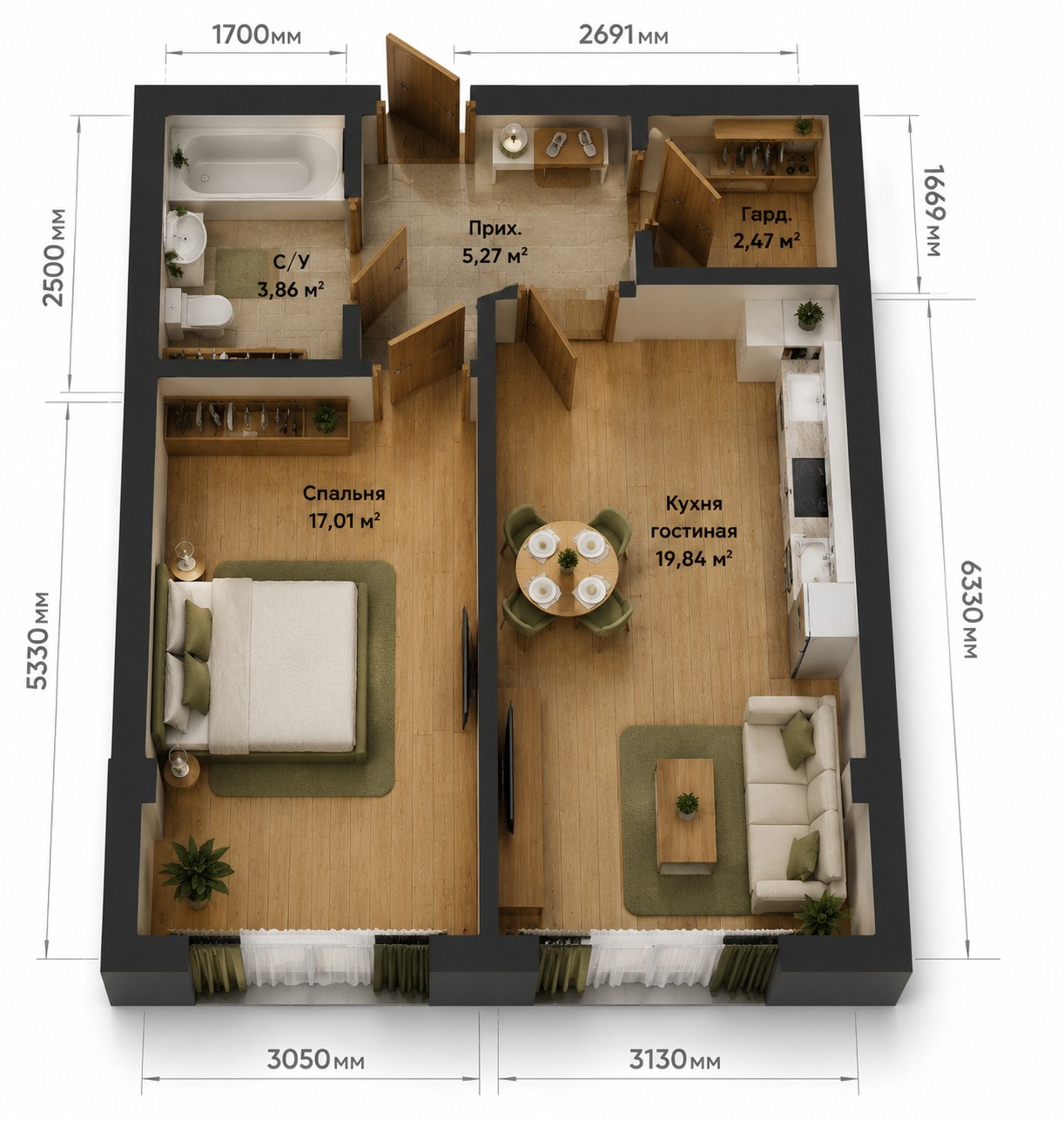 Планировка 2-комнатная квартира 49 м²