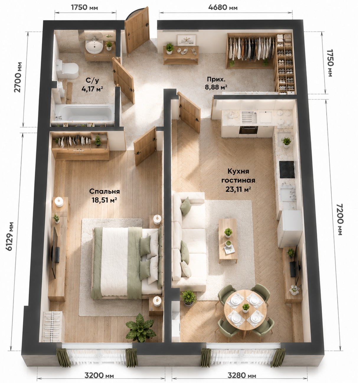 Планировка 2-комнатная квартира 55 м²