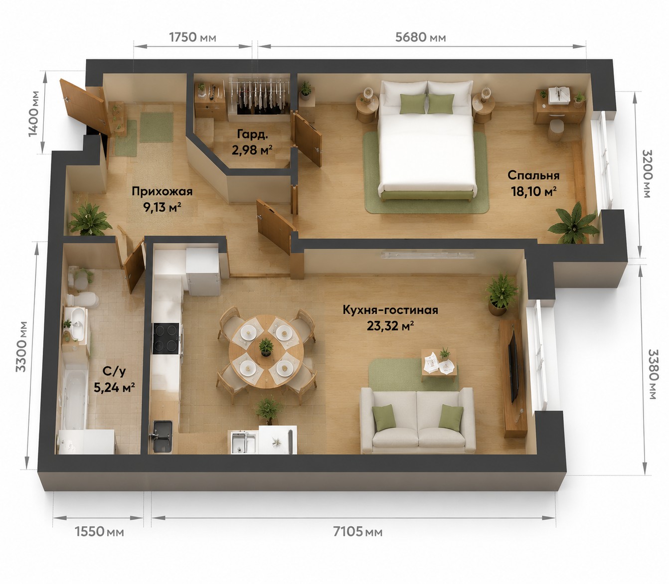 Планировка 2-комнатная квартира 59 м²
