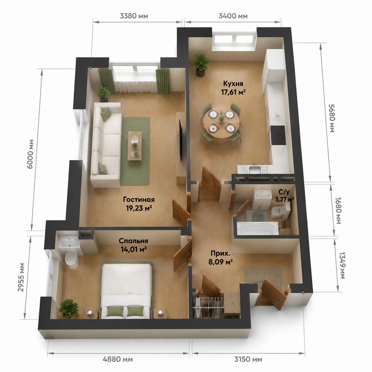 Планировка 2-комнатная квартира 62 м²