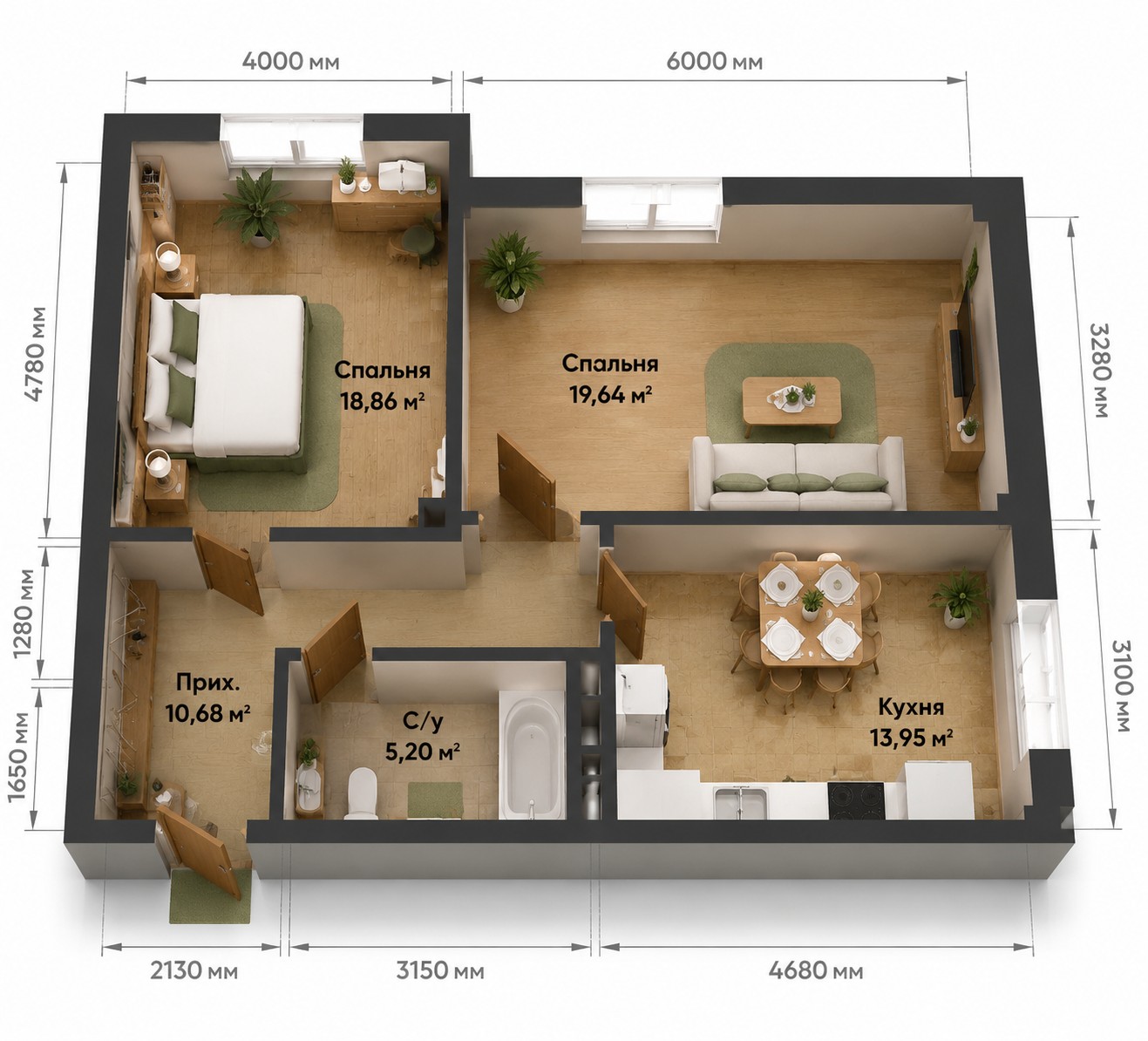 Планировка 2-комнатная квартира 69 м²