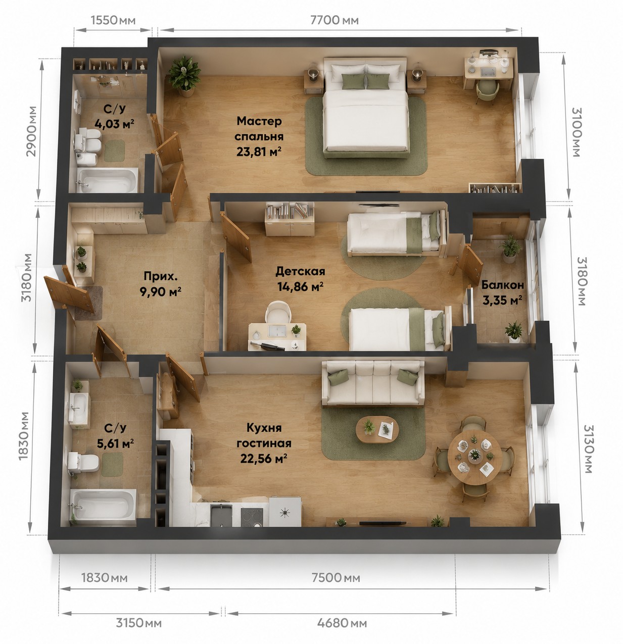 Планировка 3-комнатная квартира 84 м²